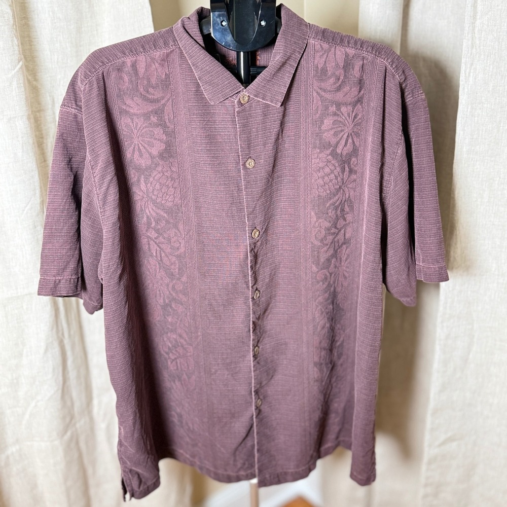 Tommy Bahama Men's XL 100% Silk Camp Shirt Purple Floral Jacquard Hawaiian